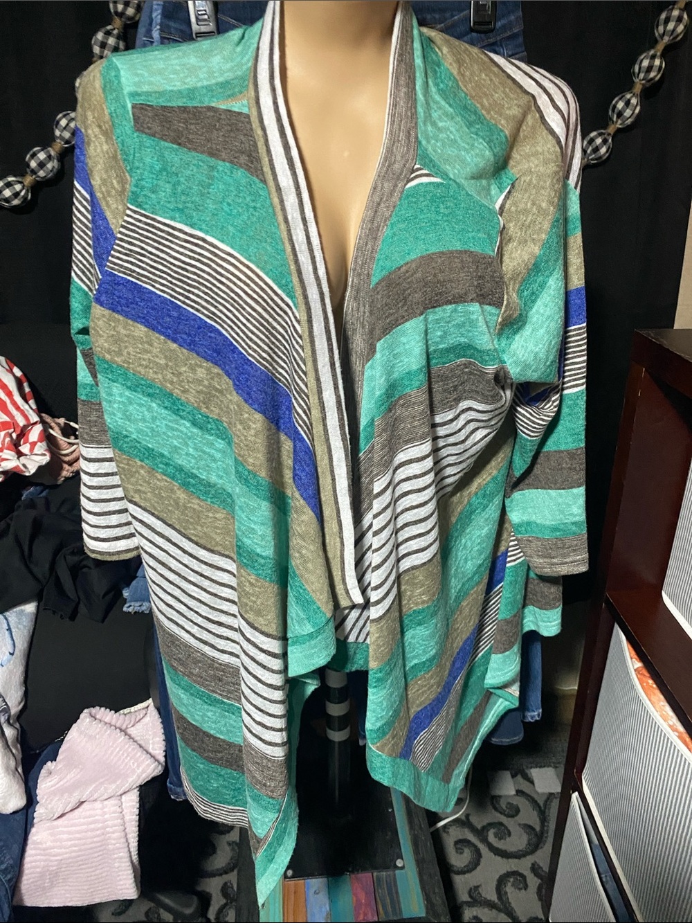 Striped Open-Front Women’s Sweater Cardigan in Teal and Gray